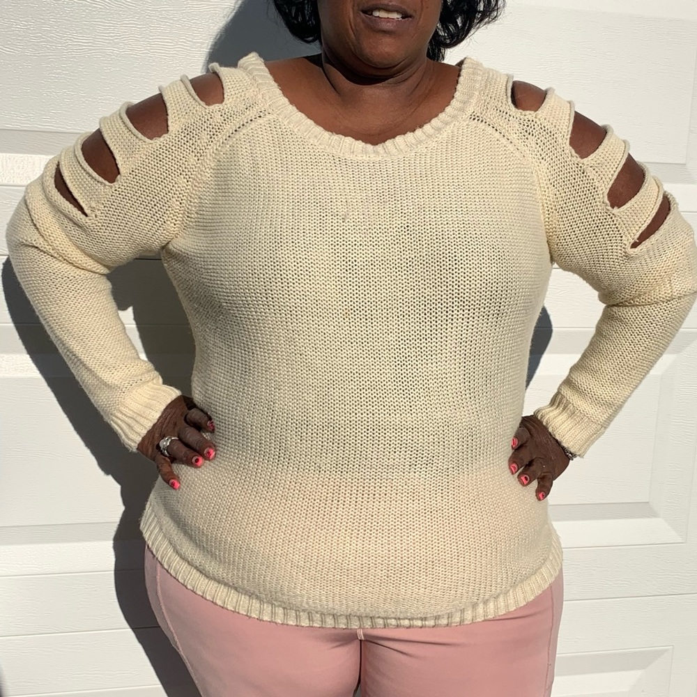 Cold shoulder sleeves cream sweater